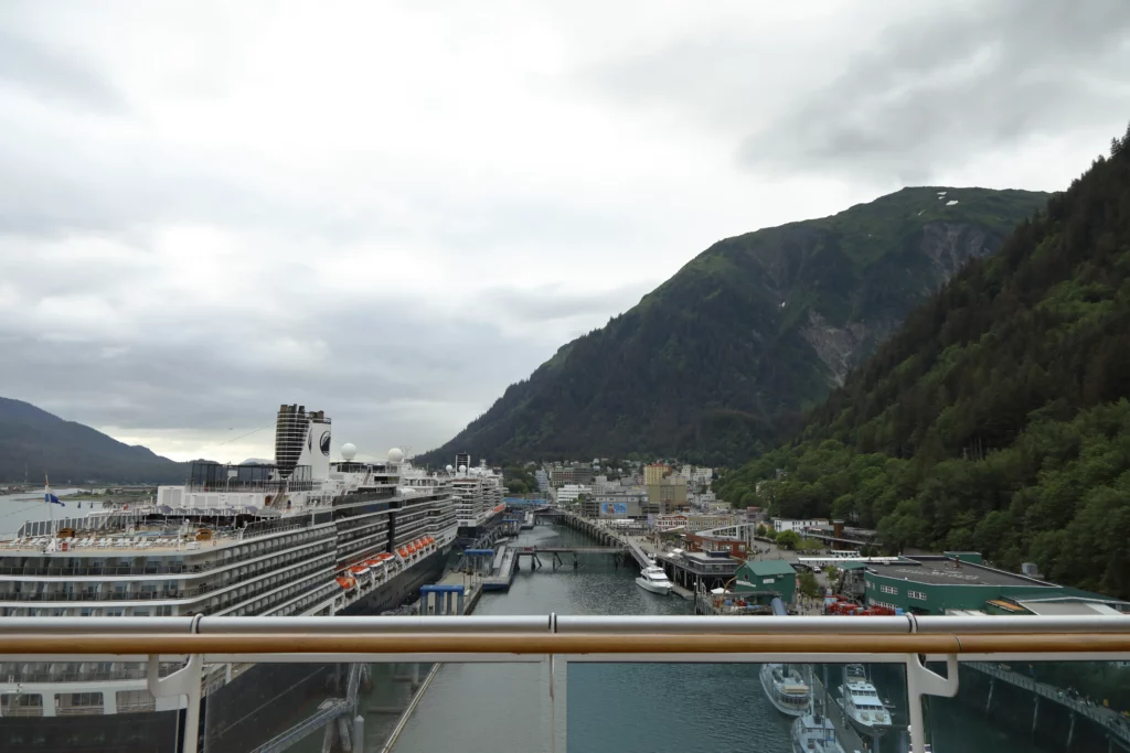 Views of Juneau from the back of the cruise ship, waiting to disembark.