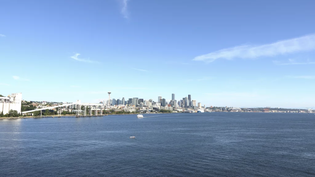 Wide shot of Seattle as we depart from the bay.