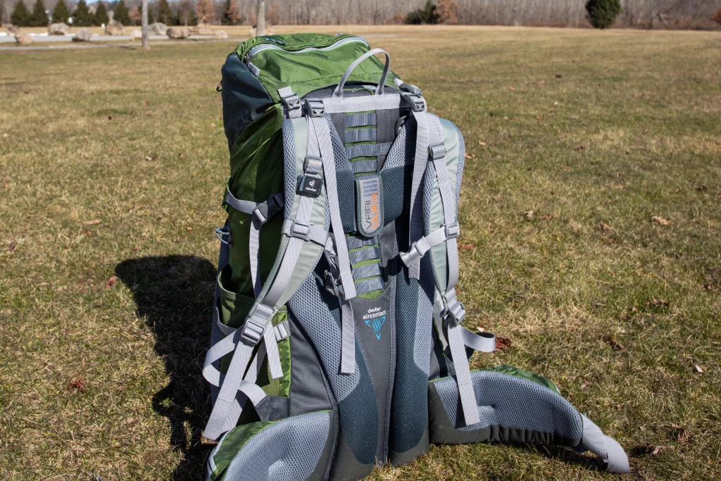 Close up view of the frame, showing padding and adjustable shoulder straps.