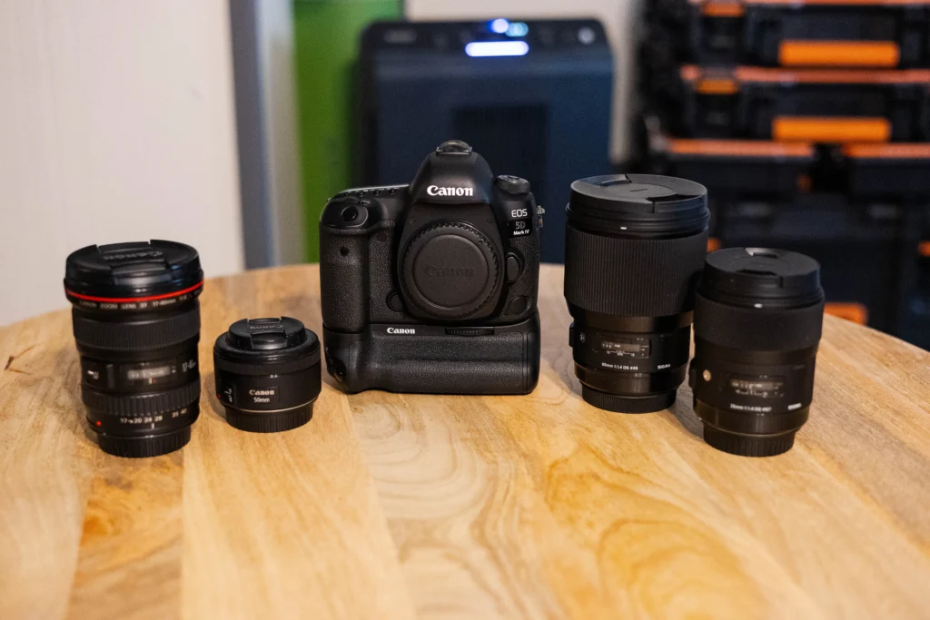 My current EF camera kit includes a 5DmkIV, two Sigma Art Prime lenses and, an Ultra Wide L, and a 50mm.