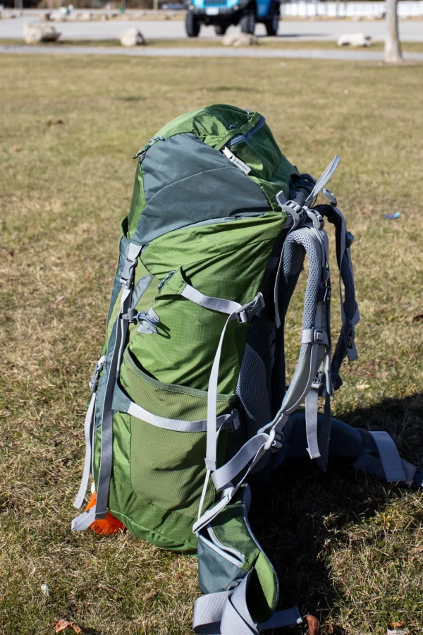 Side profile view of the 65+10L ACT Lite from Deuter, standing upright.